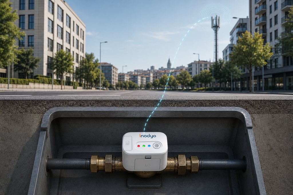 Yeraltı sayaç odasında boruya monte edilmiş Orion NB-IoT sayacı ve baz istasyonuna uzanan bağlantı yolu.