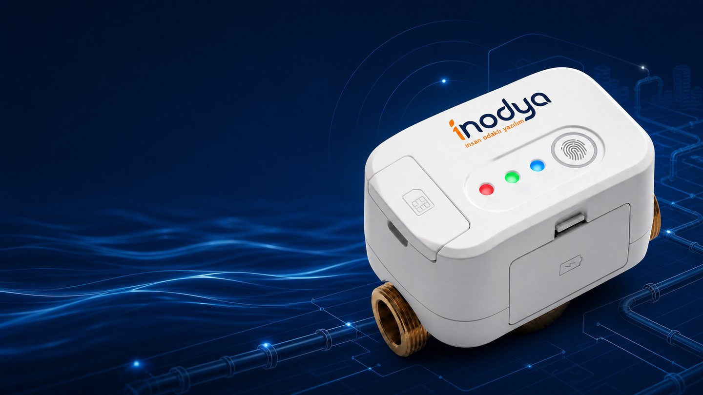Şebeke borusuna bağlı Orion NB-IoT akıllı su sayacı; cihazdan yayılan hücresel bağlantı sinyali gösteriliyor.