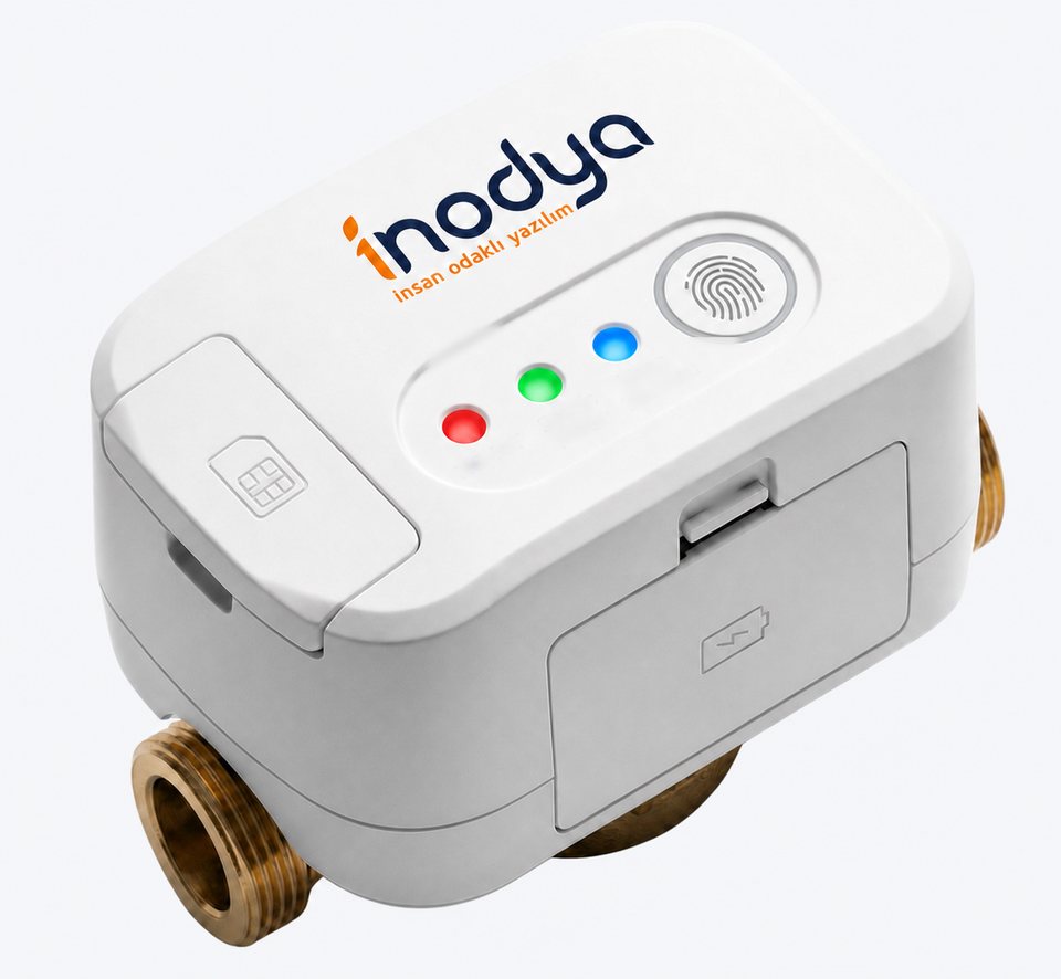 Three-quarter view of the Orion NB-IoT smart water meter, showing the SIM cover, battery service compartment and brass connection fittings.